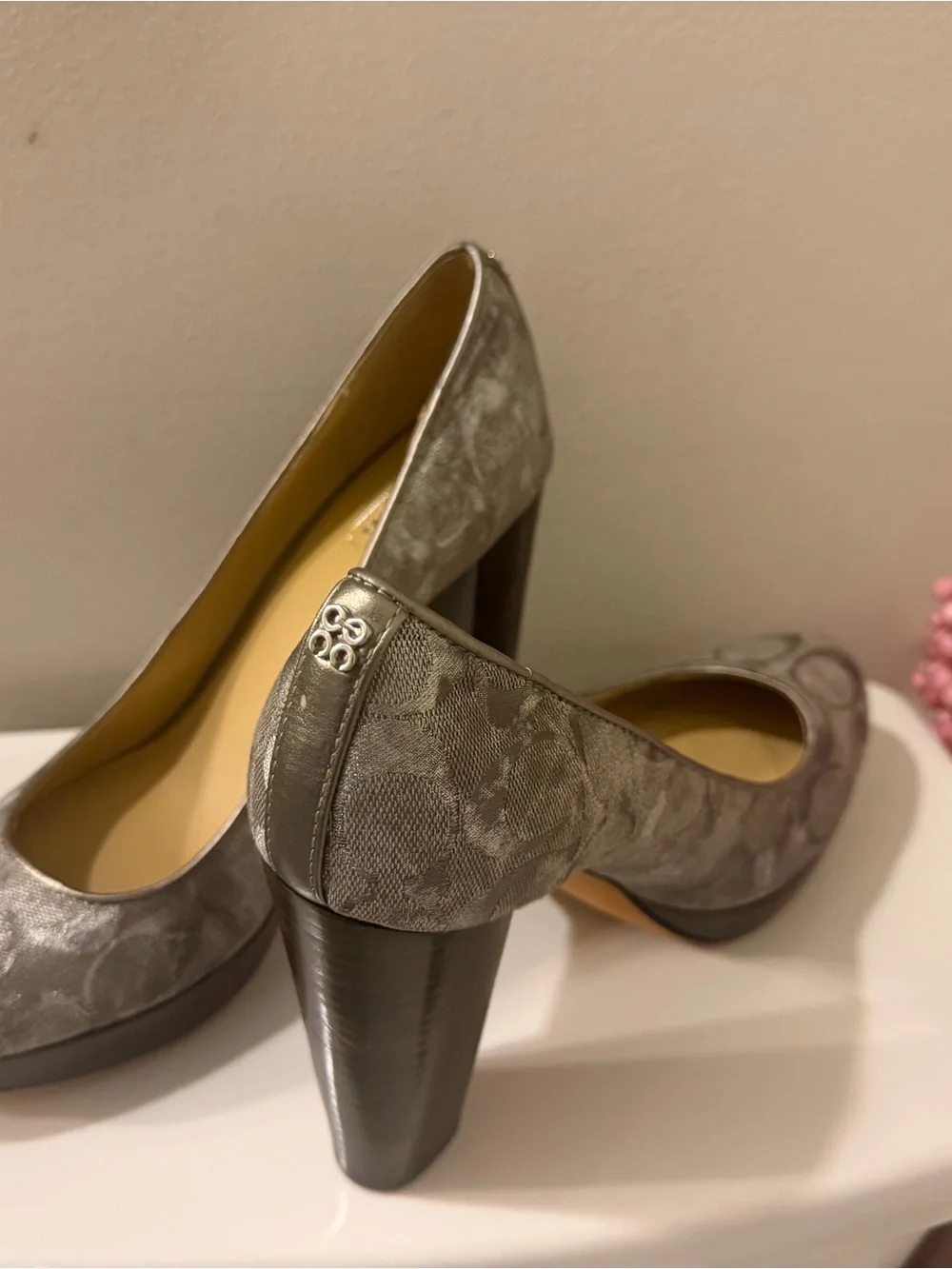 Coach Gray Signature Block Heel Pumps